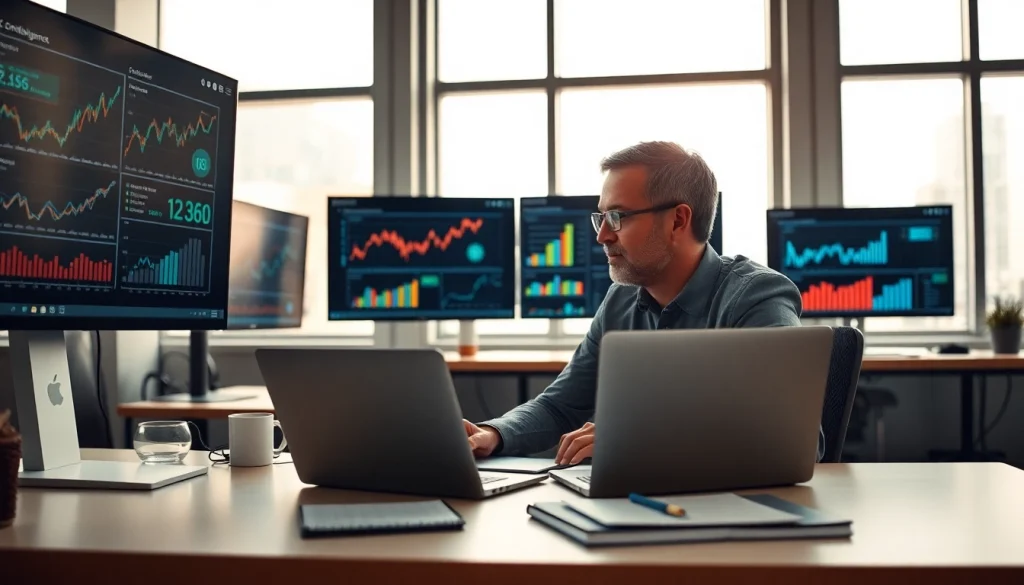 Analyzing competitive intelligence data on multiple screens in a modern office setting.