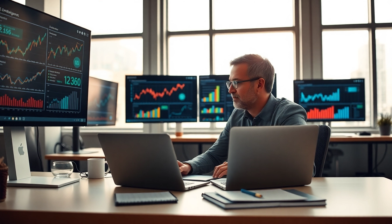 Analyzing competitive intelligence data on multiple screens in a modern office setting.