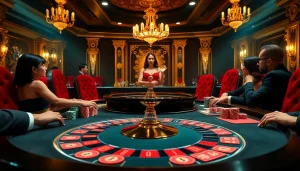 Gamblers playing at a luxurious UU88-themed roulette table in an elegant casino setting.