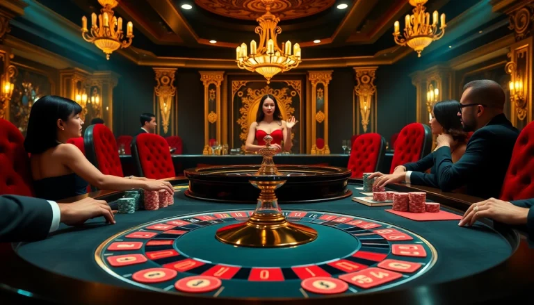 Gamblers playing at a luxurious UU88-themed roulette table in an elegant casino setting.