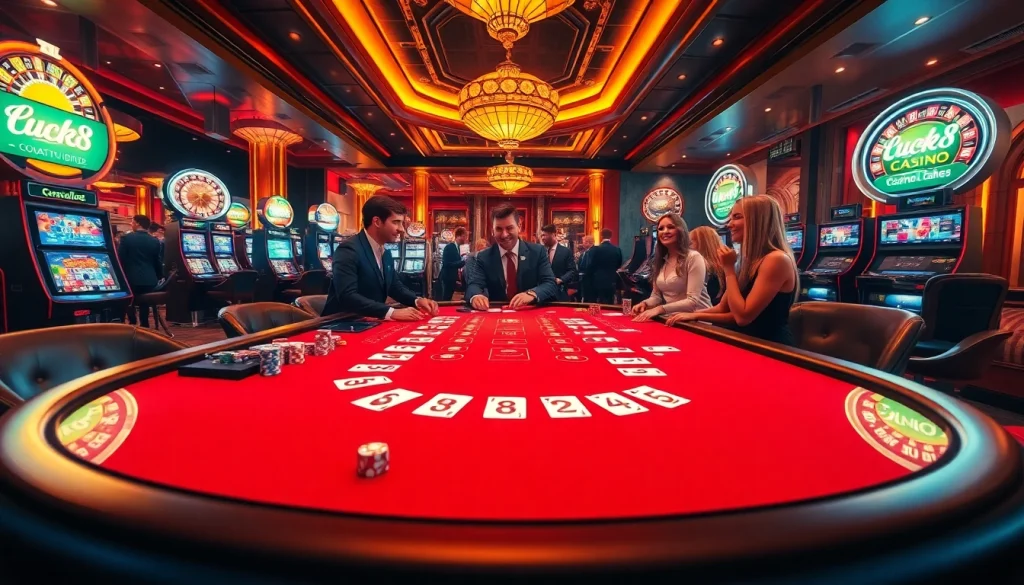 Excited players betting at the Luck8 casino table, featuring vibrant gambling elements.