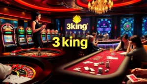 Exciting casino scene highlighting 3king with a vibrant roulette table, slot machines, and engaged poker players.