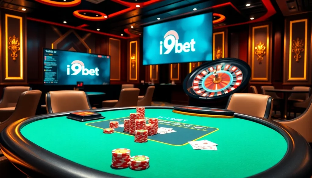 i9bet poker table with high-stakes action, colorful chips and elegant cards in a vibrant casino ambiance.