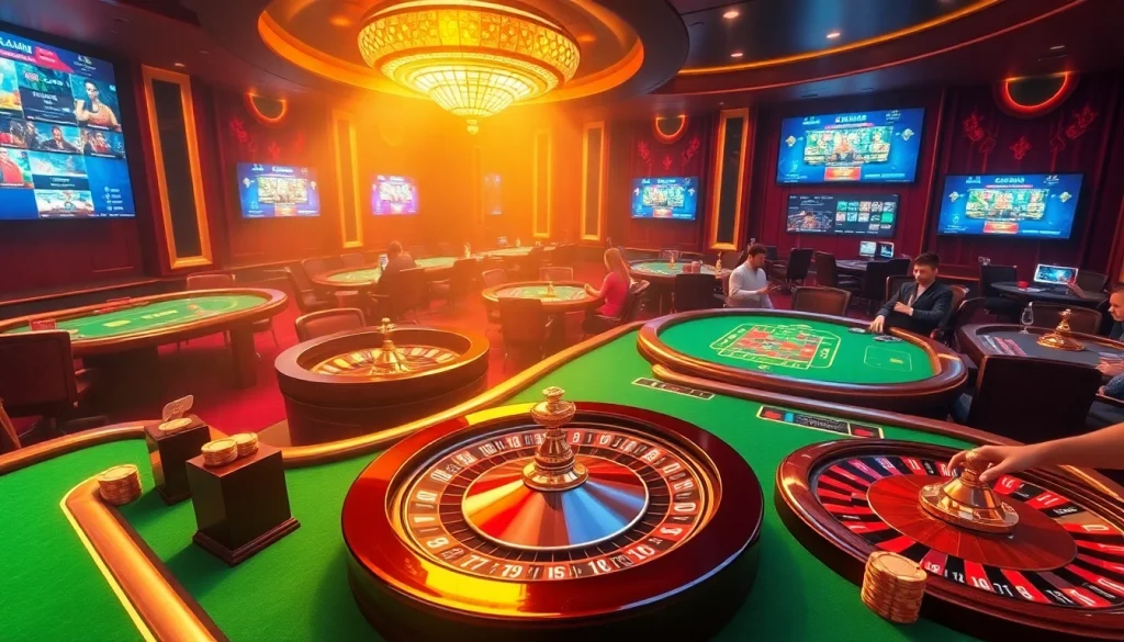 Exciting gaming scene showcasing UU88 platform with lavish casino tables and engaging roulette wheel.