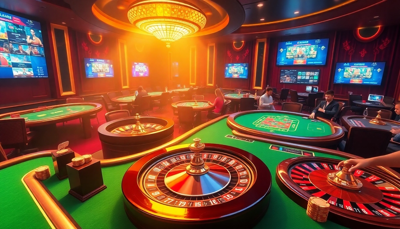Exciting gaming scene showcasing UU88 platform with lavish casino tables and engaging roulette wheel.