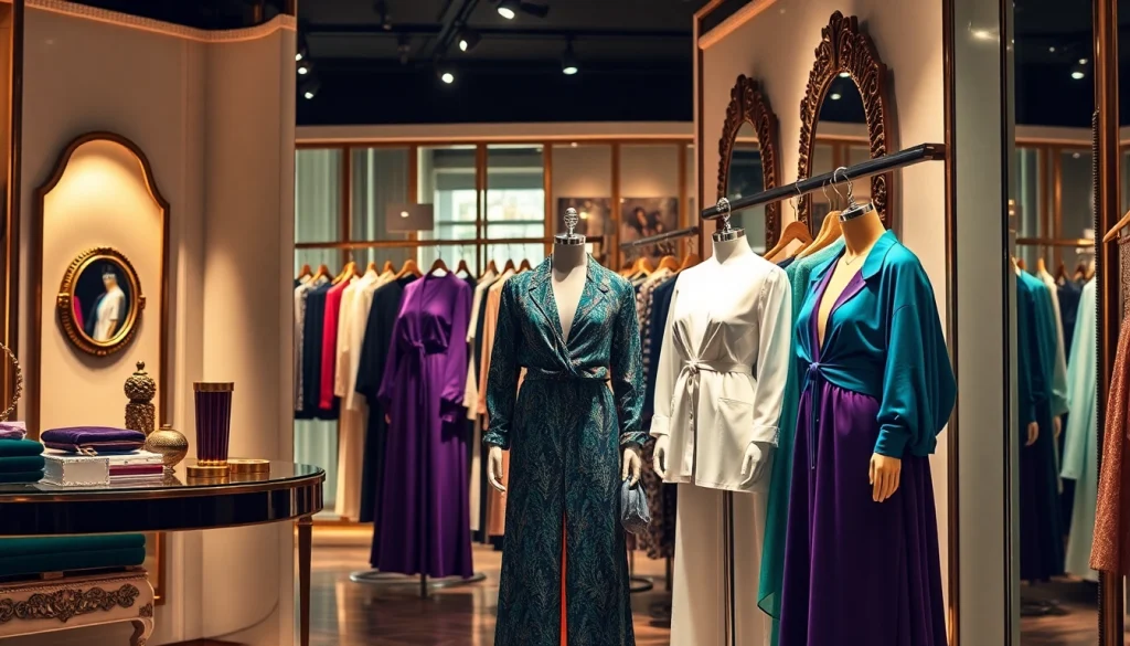 Exclusive fashion wear showcased in a luxurious boutique setting with designer garments and elegant decor.