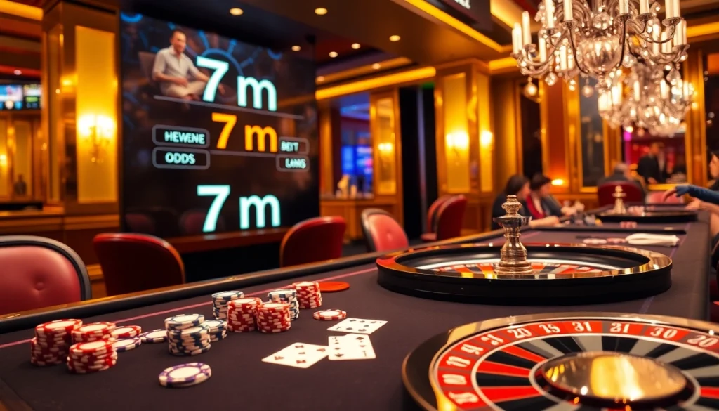 7m live betting odds displayed on a luxurious casino table with poker chips and cards.