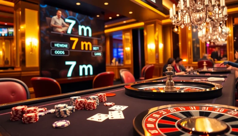 7m live betting odds displayed on a luxurious casino table with poker chips and cards.