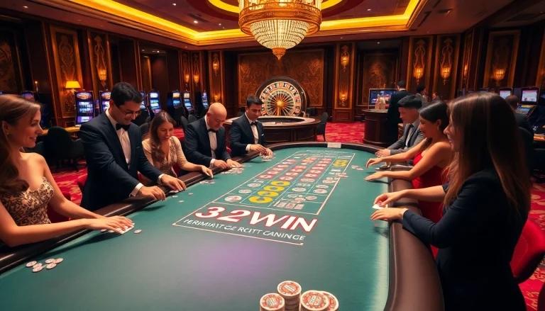 32WIN players enjoying an exciting gaming experience at a luxurious casino table with dealers.