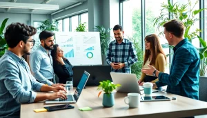 Engaged professionals at an AI startup collaborating creatively in a vibrant office.