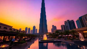 Burj Khalifa towering over Downtown Dubai at sunset, showcasing its majestic design.
