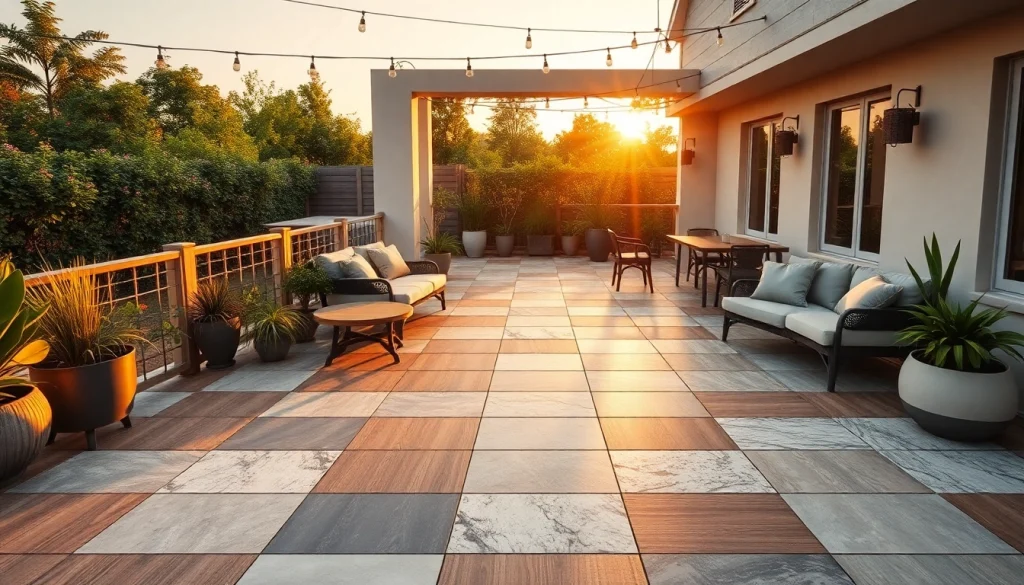 Carrelage extérieur élégant sur une terrasse extérieure chic avec un éclairage chaleureux