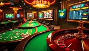 Excited players engage with 99OK.COM's thrilling online gambling interface amidst luxurious casino visuals.