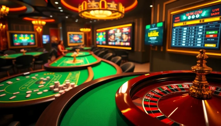 Excited players engage with 99OK.COM's thrilling online gambling interface amidst luxurious casino visuals.