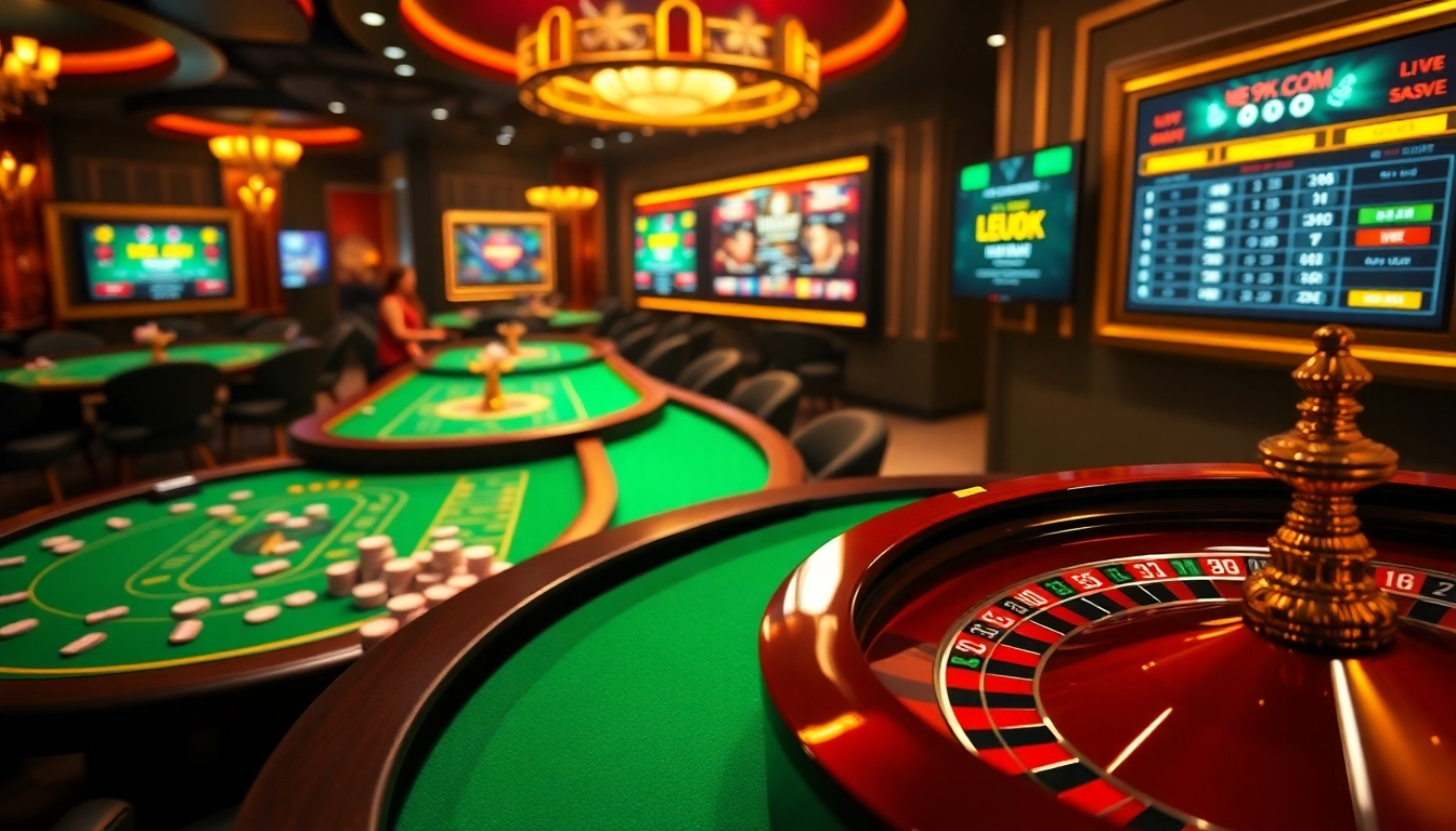 Excited players engage with 99OK.COM's thrilling online gambling interface amidst luxurious casino visuals.