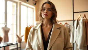 Showcasing a stylish woman in Rivelle clothing at an elegant boutique.