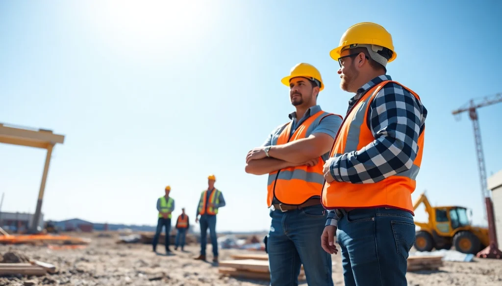 A skilled New Jersey General Contractor collaborating with a team on a construction project at a sunny site.