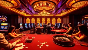 Engaging players enjoying various games at Nhà cái OK365 casino floor, showcasing excitement.