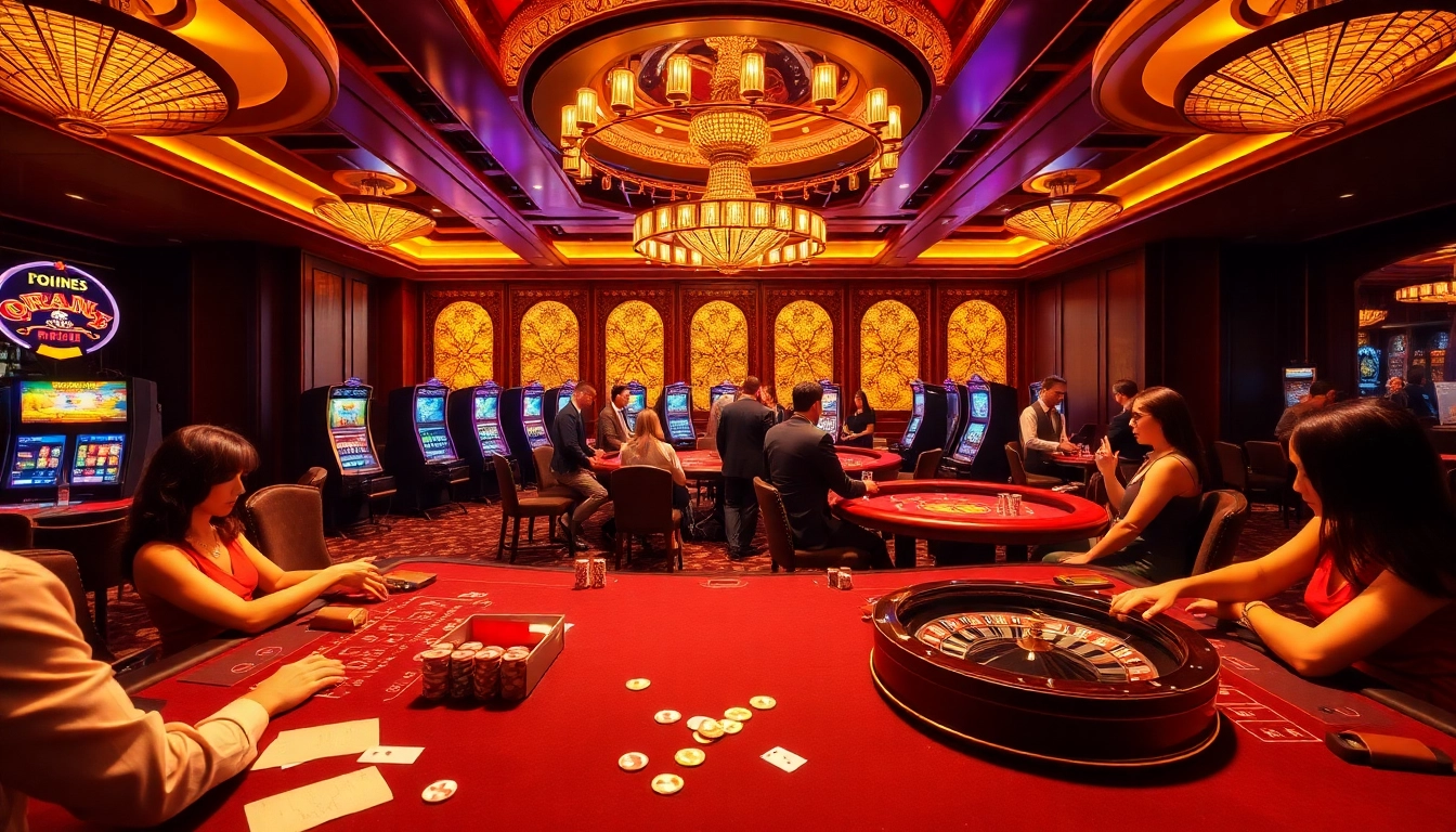 Engaging players enjoying various games at Nhà cái OK365 casino floor, showcasing excitement.