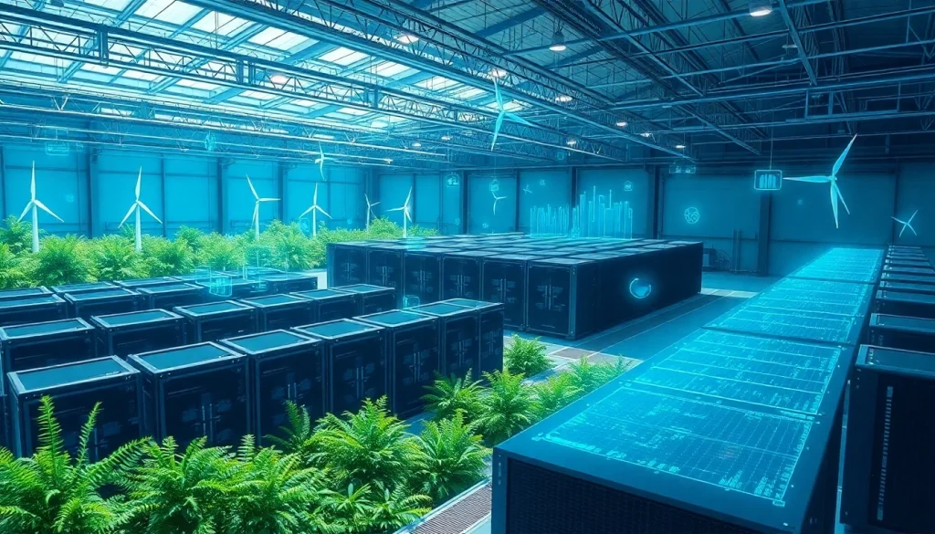 Cloud crypto mining facility showcasing advanced AI technology and renewable energy sources