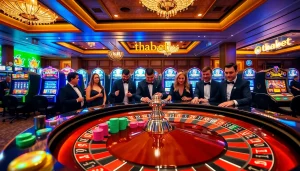 Experience thrilling gameplay at thabet's luxurious casino, featuring roulette and slot machines.