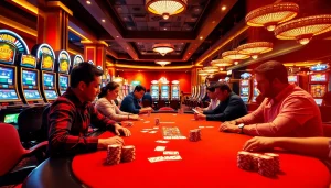 Experience the excitement of gambling at OKWIN, featuring vibrant poker tables and digital betting interfaces.