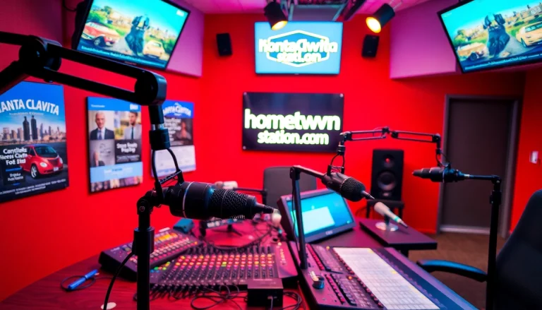 Engaging radio studio atmosphere showcasing hometownstation.com with vibrant colors and professional equipment.