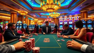 Experience thrilling gameplay at f168info.com with a vibrant casino scene featuring poker and slot games.