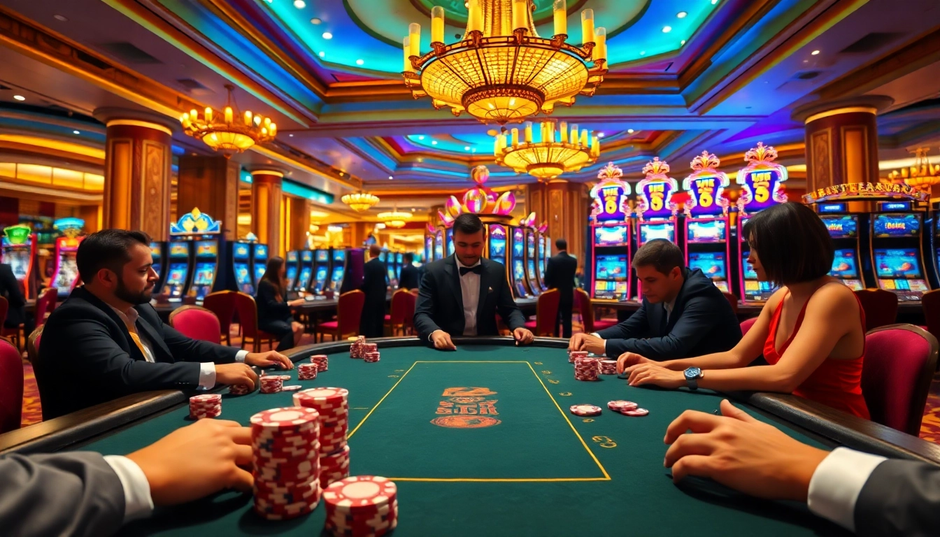 Experience thrilling gameplay at f168info.com with a vibrant casino scene featuring poker and slot games.