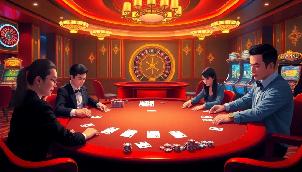 Exciting poker game at Nhà cái XX88, showcasing luxury chips and professional players.