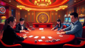 Exciting poker game at Nhà cái XX88, showcasing luxury chips and professional players.