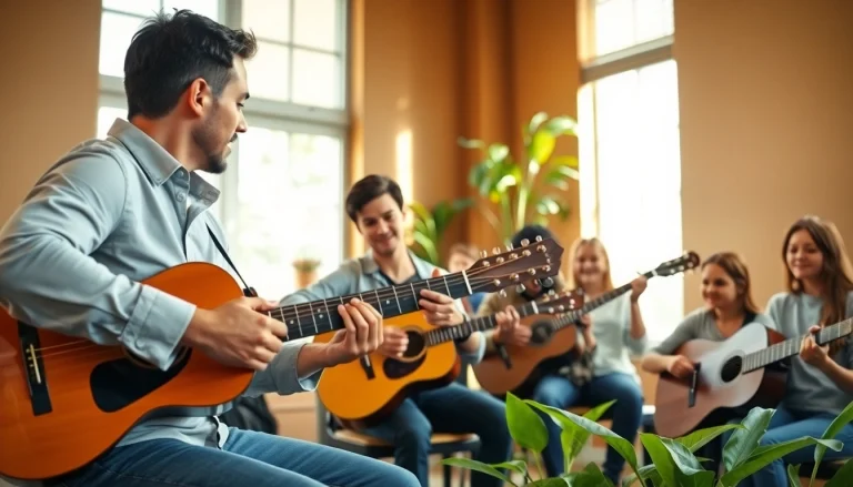 Engaging guitar lesson scene at https://guitarlessons.co.uk with diverse students learning together.