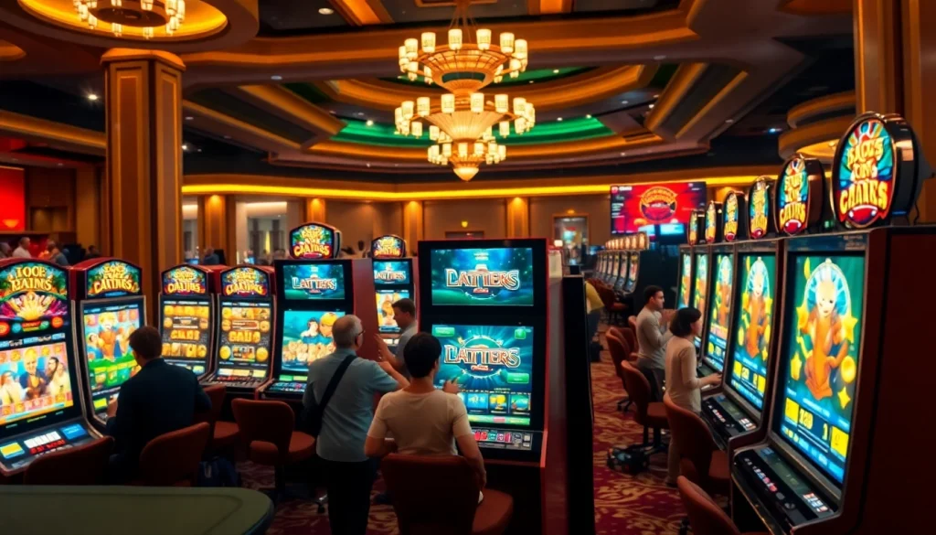 Engaged players enjoying online 슬롯 games in a luxurious casino environment.