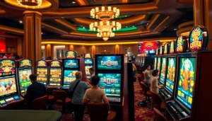 Engaged players enjoying online 슬롯 games in a luxurious casino environment.