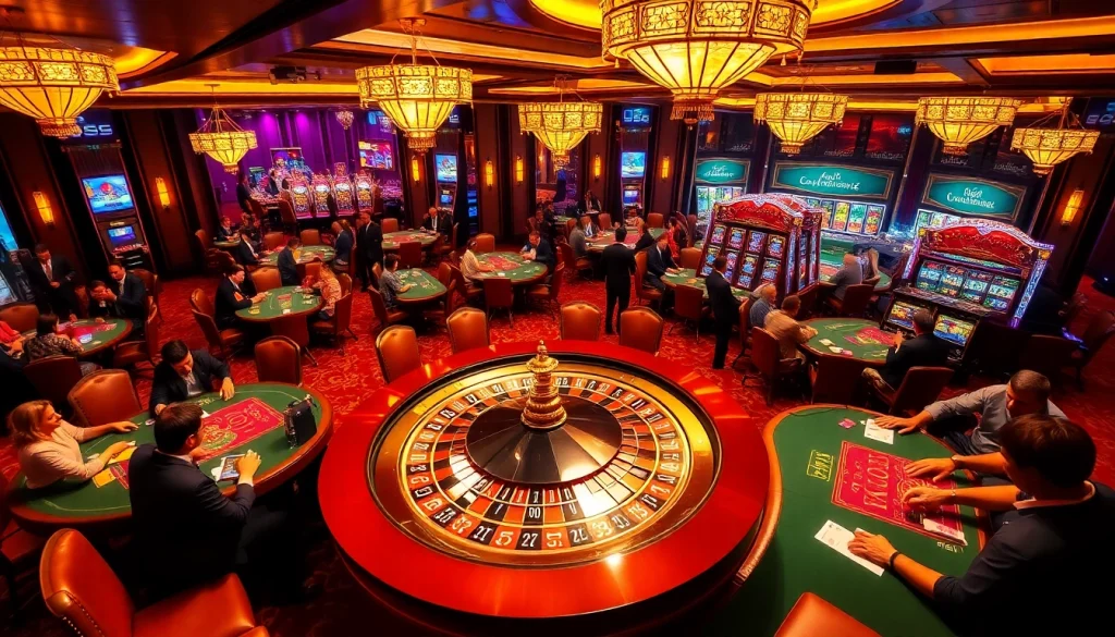 Engaging scene of players enjoying high-stakes games, focusing on vào qq88 không bị chặn with an exciting casino ambiance.