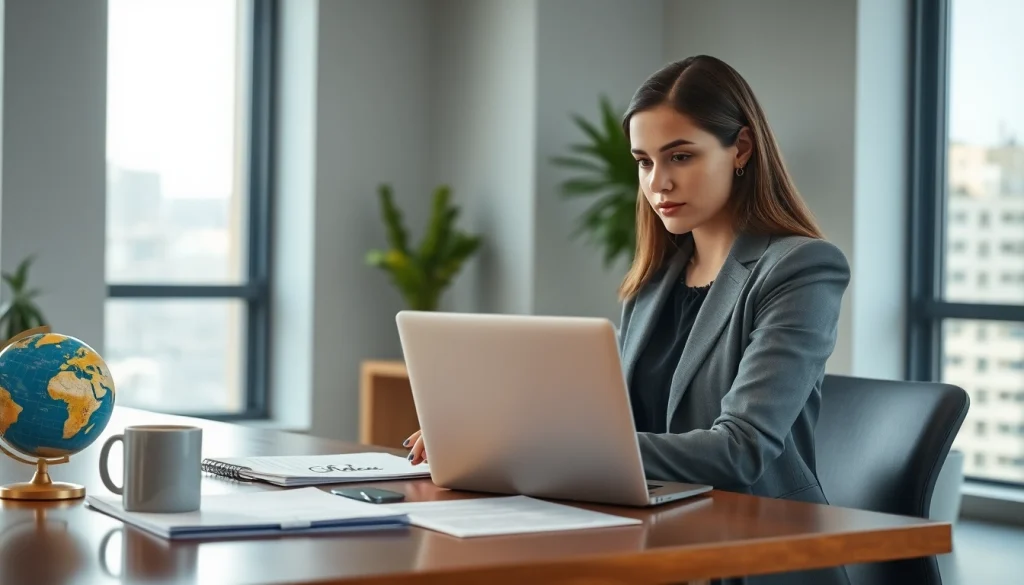 Traducteur certifié en arabe travaillant dans un bureau moderne avec des documents.