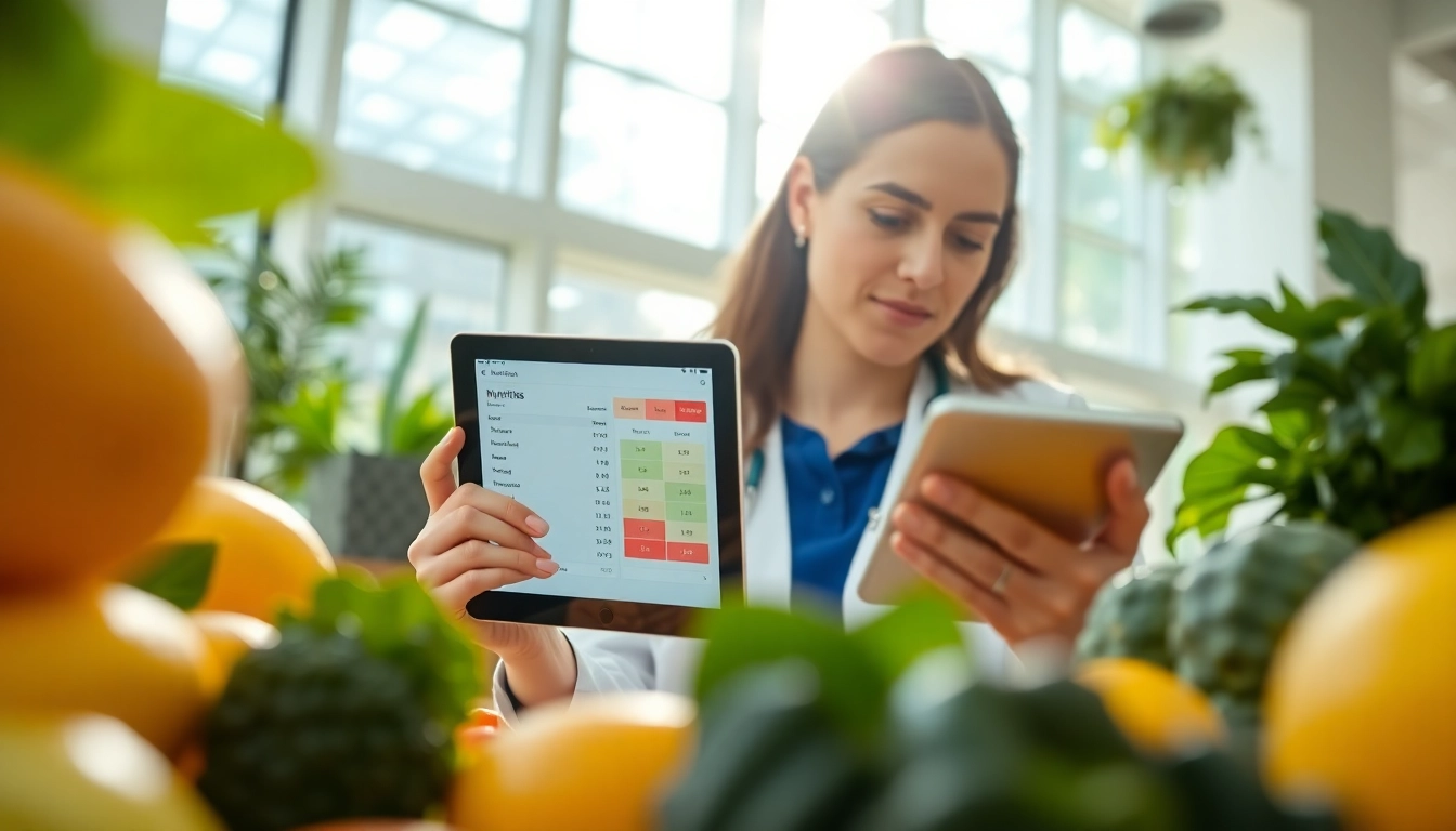 Using the calorie calculator on a tablet to assess dietary needs surrounded by nutritious food.