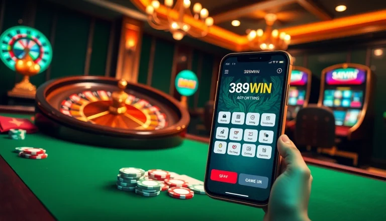 Engaging players with the 389WIN App interface amidst a luxurious casino atmosphere.