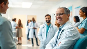 Engaging scene at https://www.medexdtc.com showing doctors and patients interacting in a friendly clinic environment.