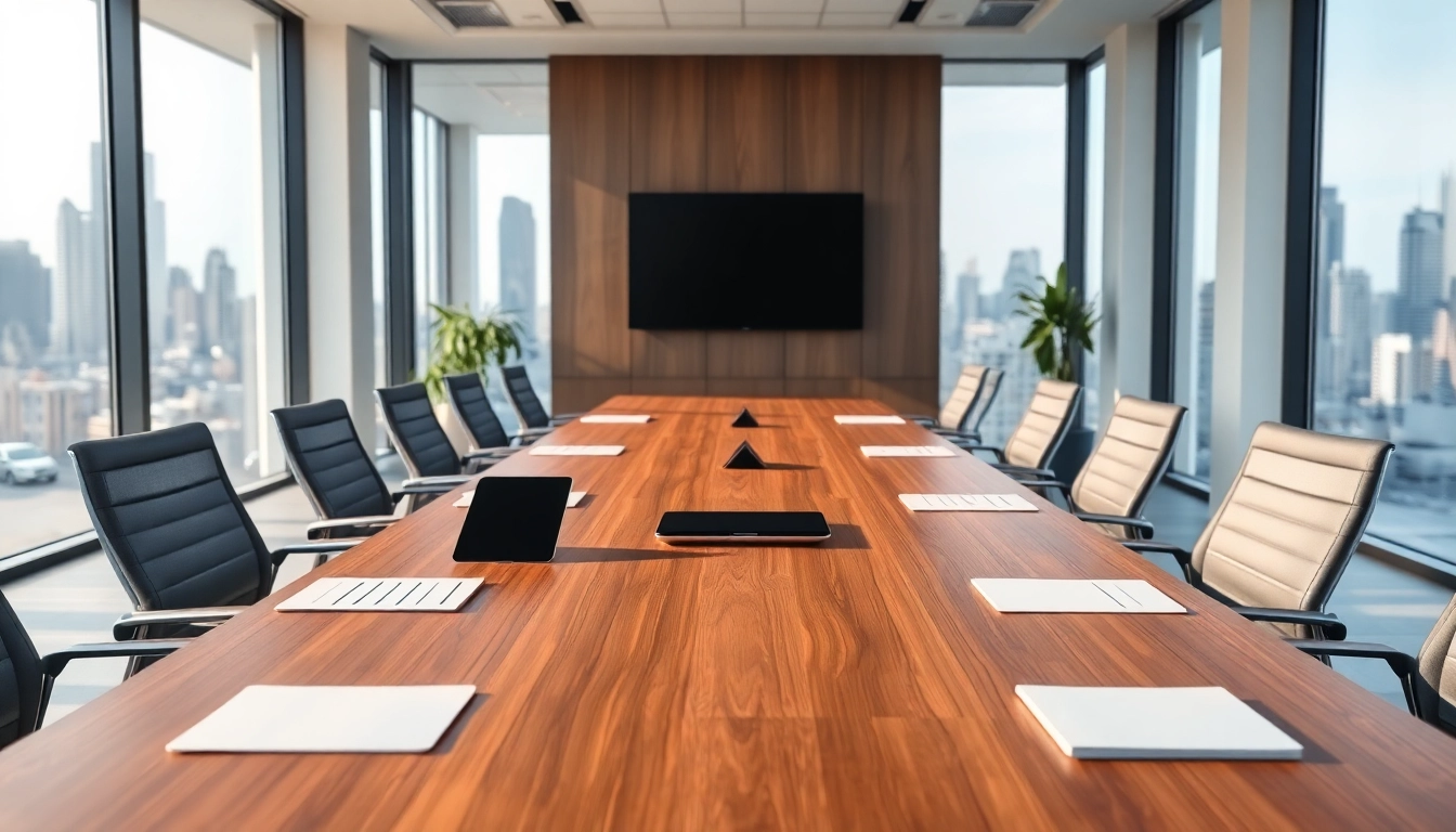 Stylish conference tables set in a modern office environment with a city skyline view.