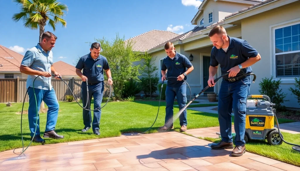 Čiščenje tlakovcev s strokovnjaki SureClean, ki uporabljajo okolju prijazne rešitve, v sončnem zunanjem okolju.