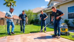 Čiščenje tlakovcev s strokovnjaki SureClean, ki uporabljajo okolju prijazne rešitve, v sončnem zunanjem okolju.