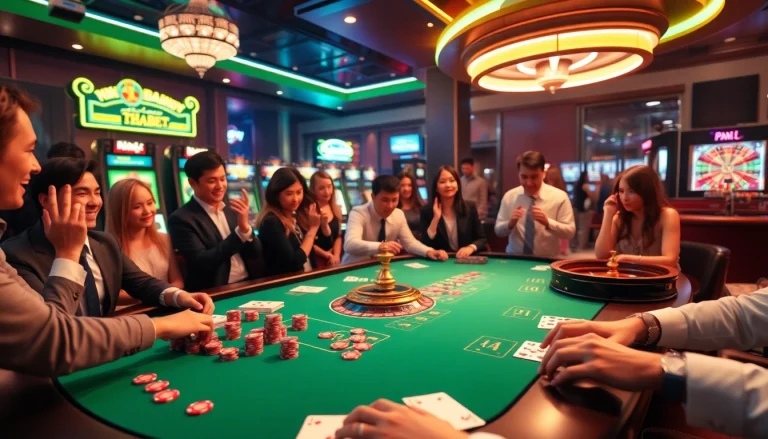 Exciting gameplay experience at Nhà Cái THABET with vibrant casino table and engaged players.