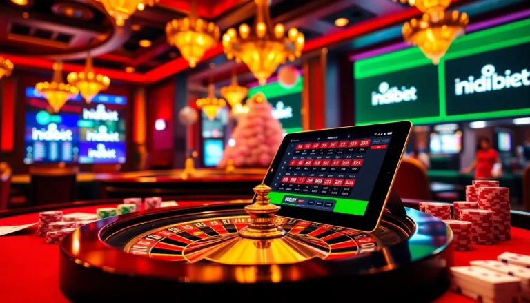 Engaging casino scene featuring live gaming and the Indibet branding, showcasing excitement and luxury.