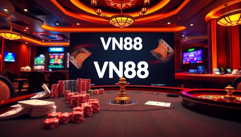 A premier VN88 casino scene showcasing a vibrant poker table with colored chips and cards, inviting excitement.