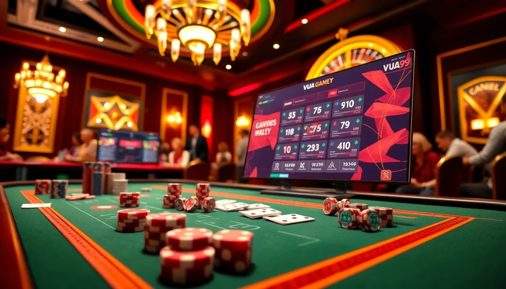 Experience the excitement of VUA99 with vibrant casino visuals featuring poker elements.