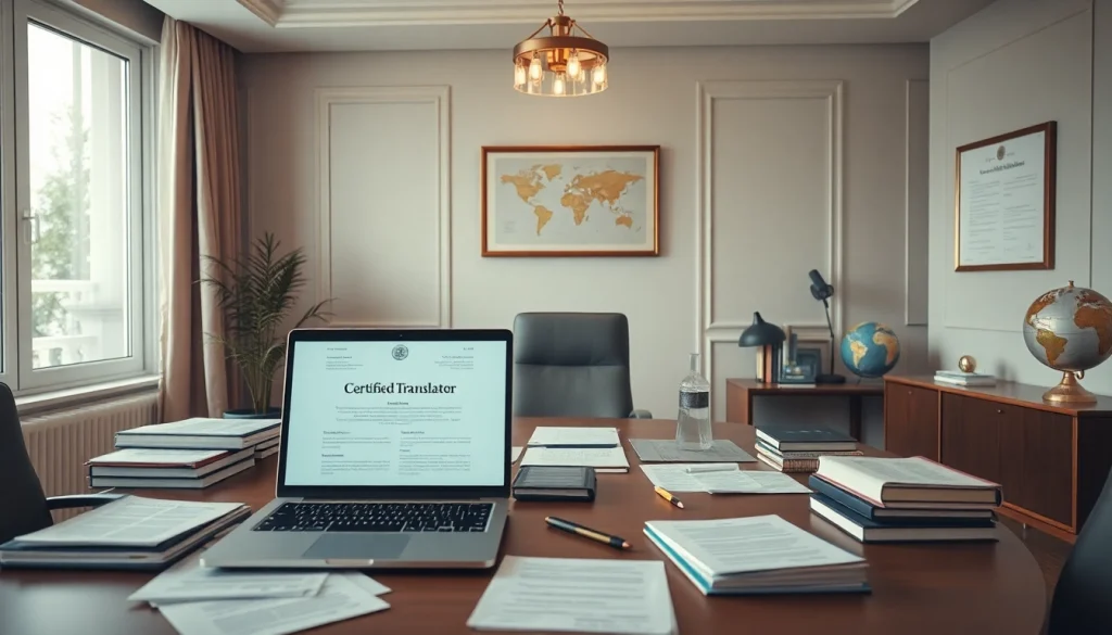 Professional office of a beëdigd vertaler showcasing translation tools and accreditation.