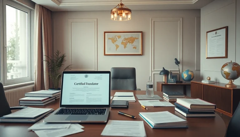 Professional office of a beëdigd vertaler showcasing translation tools and accreditation.