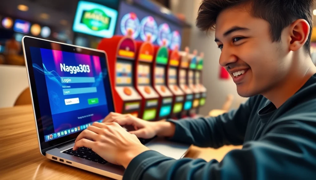 Login Naga303 dengan antusias, pengguna mengakses laptop dalam suasana cerah.