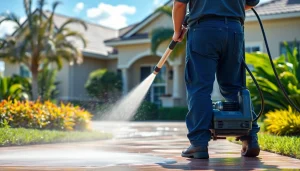 Pressure wash service cleaning a driveway in Kissimmee, showcasing effective dirt removal.